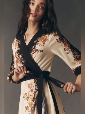 Farm Rio Floral Wrap Robe Dress in Cream and Black